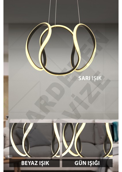 3 Renkli Siyah Dalga Sarkıt Modern LED Avize, Şık ve Dikkat Çekici Tasarım