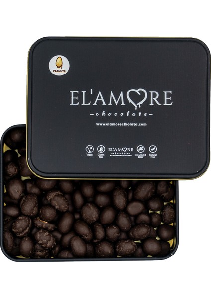 Şeker Ilavesiz, Glütensiz, Vegan Yer Fıstıklı Bitter Çikolata - Küçük Kare Metal Kutu, 150 gr