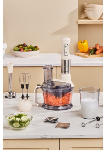 7'li Çok Fonksiyonlu 1000W Mutfak Robotu ve Süt Köpürtücü, Şık Bej Renkli