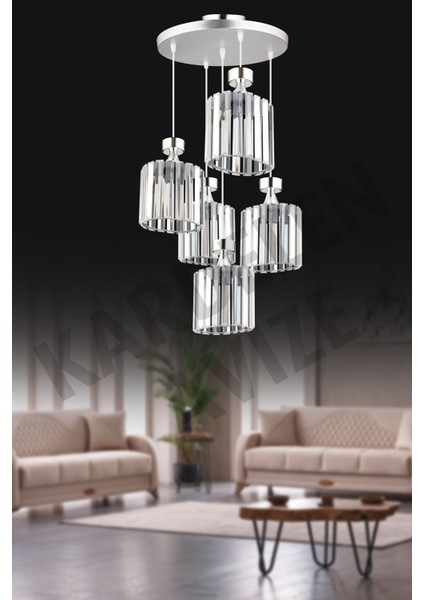 Krom 5'li Sarkıt Kristal Avize, Şık ve Parlak Aydınlatma Seçeneği