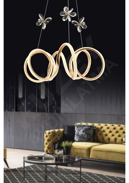 4'lü Dalga Taşlı LED Avize, Kumandalı, 3 Renk Işıklı, Şık ve Modern Tasarım