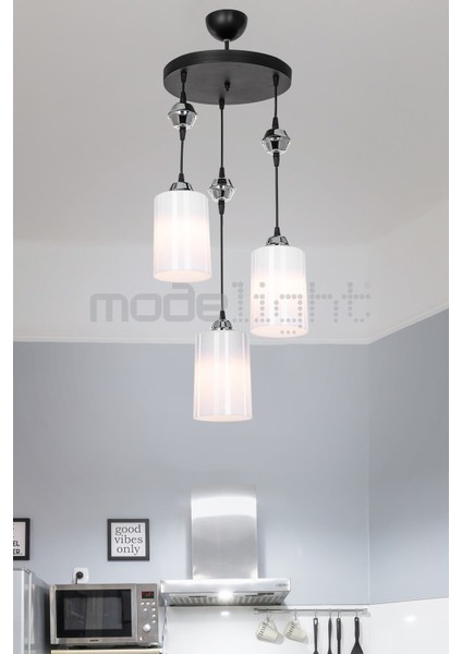 3'lü Siyah Optik Opal Camlı Modern Avize, Şık ve Zarif Tasarım