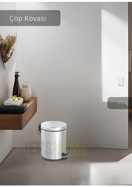 Paslanmaz Banyo ve Mutfak Çöp Kutusu, 3 Lt, Beyaz, Pedallı Tasarım
