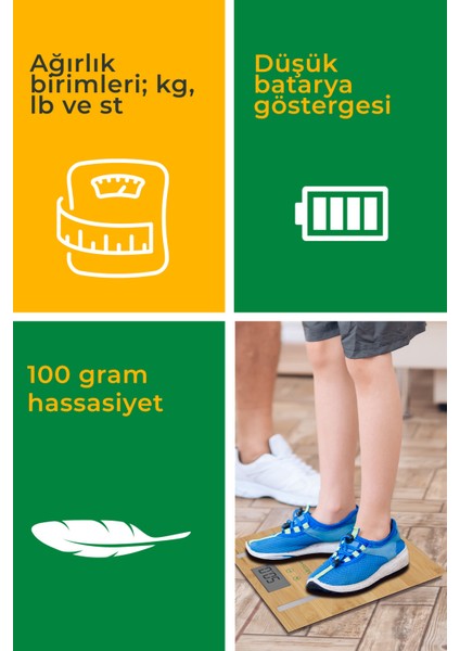 Vücut Analiz Fonksiyonlu Beyaz Bambu Baskül, Plastik Malzeme, Garanti Ile.