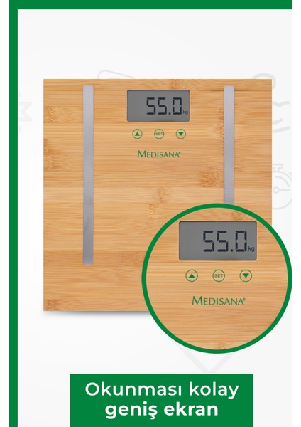 Vücut Analiz Fonksiyonlu Beyaz Bambu Baskül, Plastik Malzeme, Garanti Ile.