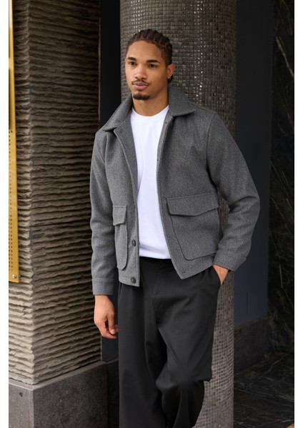 Erkek Gömlek Yaka Düğmeli Kaşe Mont Ceket Gri