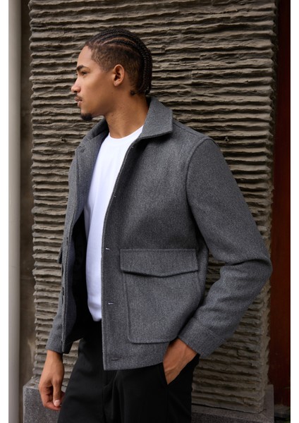Erkek Gömlek Yaka Düğmeli Kaşe Mont Ceket Gri modelleri
