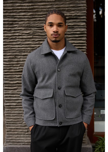 Erkek Gömlek Yaka Düğmeli Kaşe Mont Ceket Gri fırsatları