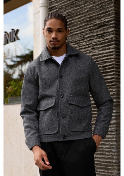Erkek Gömlek Yaka Düğmeli Kaşe Mont Ceket Gri indirimleri