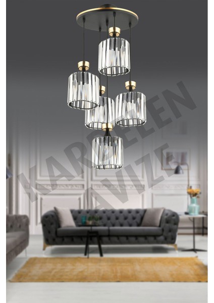 Şık Siyah 5'li Kristal Sarkıt Avize, Sarı Şeritli, Modern ve Şık Tasarım