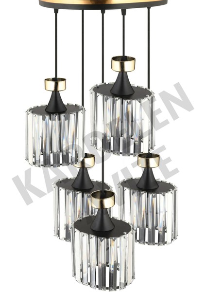 Şık Siyah 5'li Kristal Sarkıt Avize, Sarı Şeritli, Modern ve Şık Tasarım fiyatları