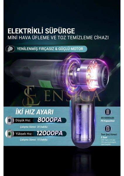 Güçlü ve Taşınabilir Şarjlı El Süpürgesi, 12000PA, Çok Amaçlı Kullanıma Uygun modelleri