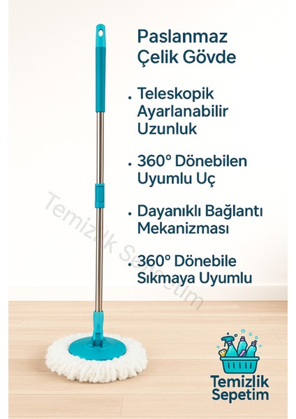 Turkuaz Turbo Spin Temizlik Kovası Sapı, Paslanmaz Çelik Uyumlu