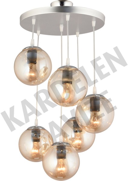 Krom Sarkıt Tepsi 6'lı, Bal ve Glop Cam Detaylı Lüks Avize Seti fiyatları