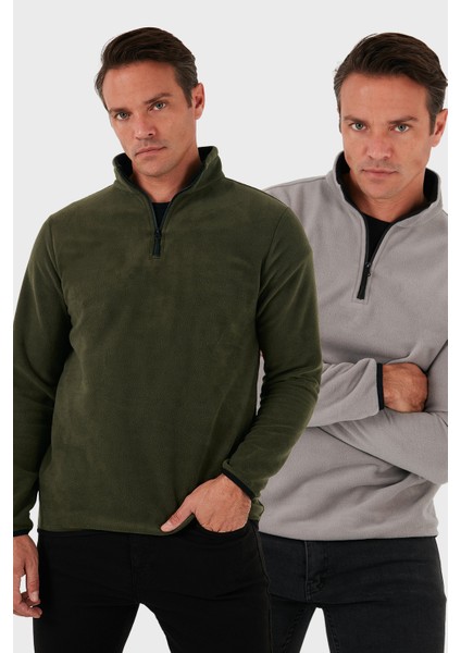 Slim Fit Yarım Fermuarlı Dik Yaka 2'li Paket Polar Erkek Polar 5906003S2
