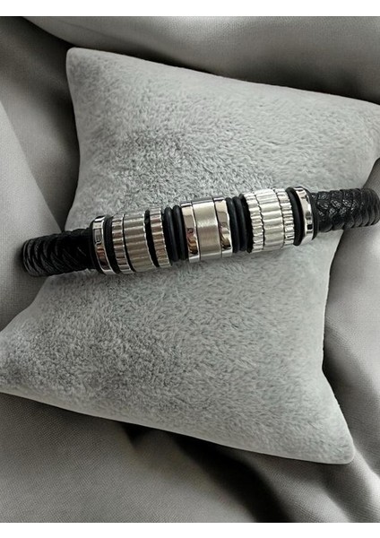 Erkek Siyah Çelik Hasır Örme Hakiki Deri Bileklik