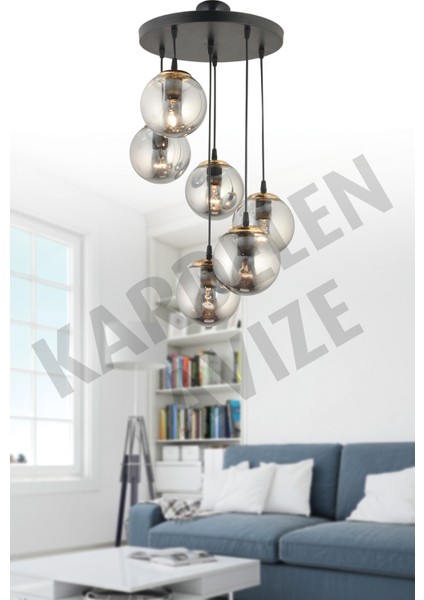Şık Siyah 6'lı Füme Top Camlı Sarkıt Avize, Modern ve Zarif Aydınlatma Seçeneği