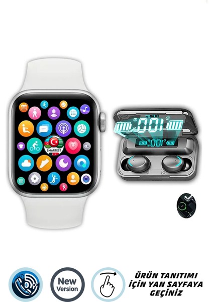 Uyumlu Akıllı Saat ve Dokunmatik Bluetooth Kulaklık, Beyaz, Yeni Versiyon