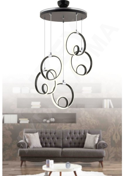 5'li Safir Sarkıt LED Avize, Siyah Krom Şık ve Modern Aydınlatma Seçeneği