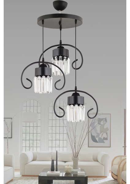 Siyah 3'lü Kelebek Kristal Taşlı Modern Avize