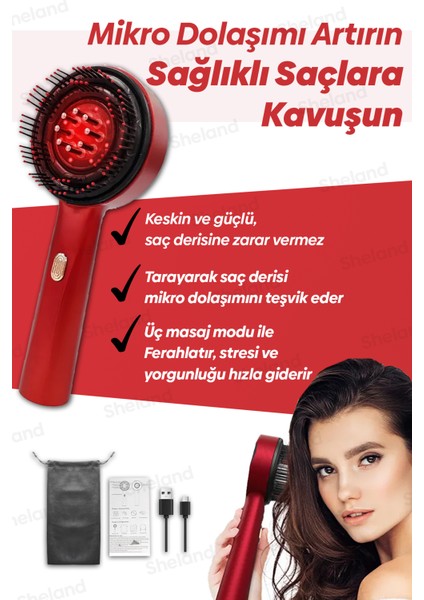Saç Güçlendirici Masaj Tarağı, Rf Saç Masajı, Pro Serum Hazneli, Kırmızı Renk modelleri