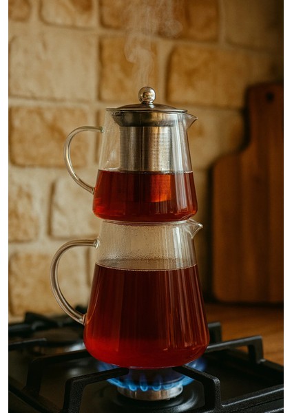 1350 ml Borosilikat Cam Tombul Çaydanlık Demlikli Isıya Dayanıklı Indüksiyon