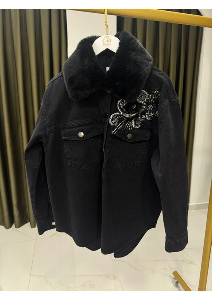 4909 Kürklü İşlemeli Denim Ceket