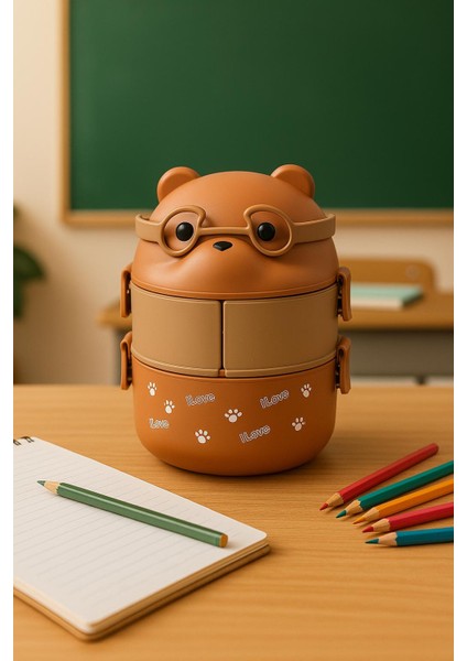 3 Bölmeli 2 Katlı Akrilik Ayıcıklı Beslenme Kutusu Çantası Kulplu Saklama Kabı