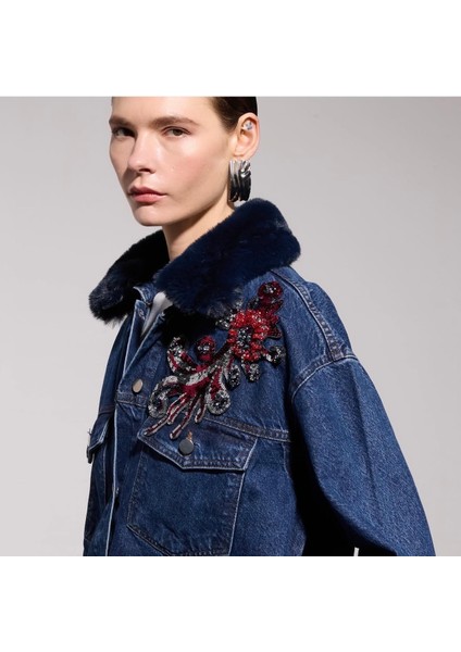 Missemramiss 4909 Kürklü Işlemeli Denim Ceket