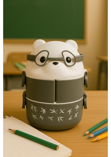 3 Bölmeli 2 Katlı Akrilik Ayıcıklı Beslenme Kutusu Çantası Kulplu Saklama Kabı