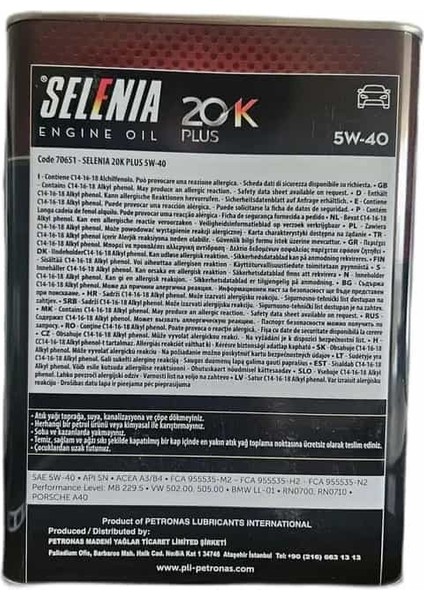 Selenia 20 K Plus 5W 40 Tam Sentetik Motor Yağı 3,2 L Euro 4 Motorlu Araçlar Için fiyatları