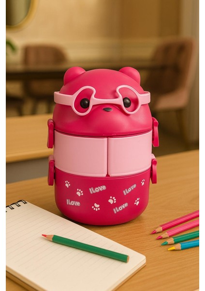 3 Bölmeli 2 Katlı Akrilik Ayıcıklı Beslenme Kutusu Çantası Kulplu Saklama Kabı