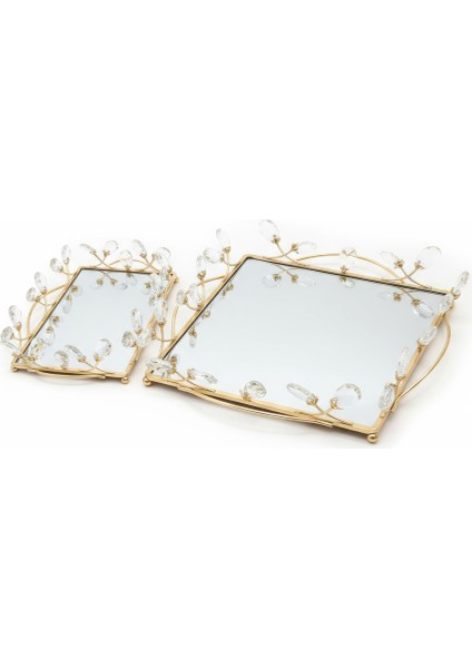 2’li Gold Renk Aynalı Dekoratif Tepsi Seti