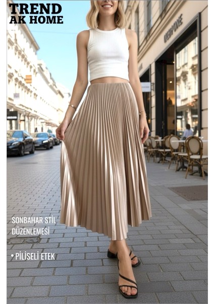 Beli Lastikli Piliseli Sütlü Kahve Rengi Etek