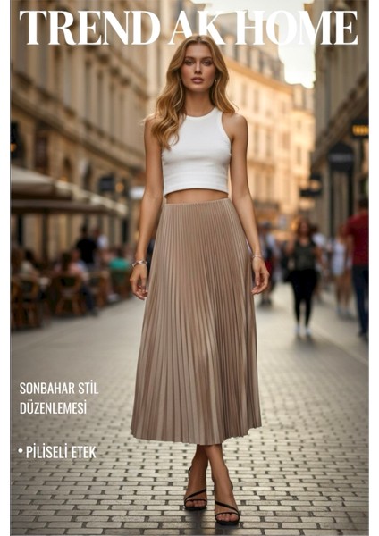 Beli Lastikli Piliseli Sütlü Kahve Rengi Etek