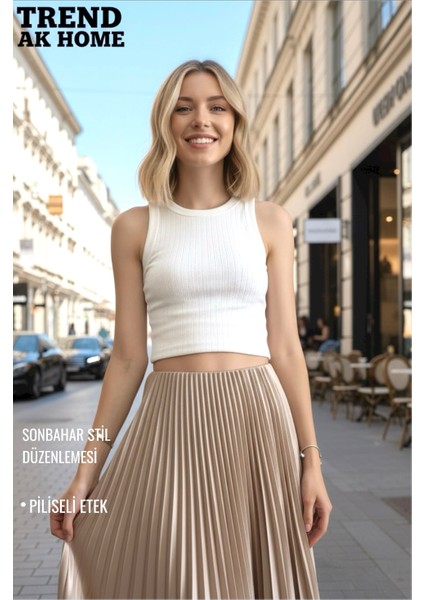 Beli Lastikli Piliseli Sütlü Kahve Rengi Etek