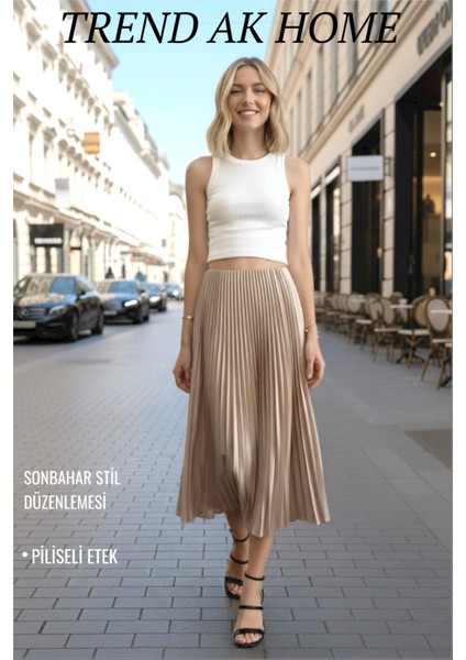 Beli Lastikli Piliseli Sütlü Kahve Rengi Etek