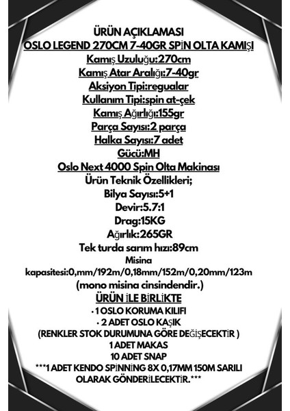 Next 4000 Oslo Legend 270CM 7-40GR 8x Spin Olta Seti fiyatları