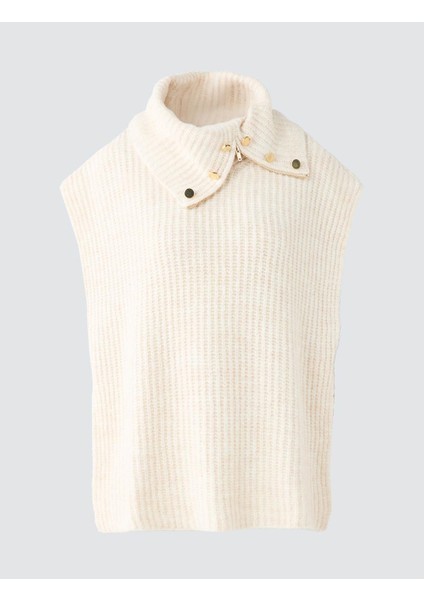 Ekru Dik Yaka Fermuar Detaylı Triko Süveter