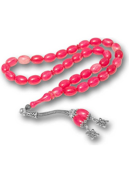 Gümüş Püsküllü Pembe Sıkma Kehribar Tesbih