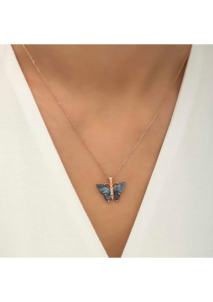 Gümüş Rose Antrasit Kaplangözü Taşlı Kelebek Kolye fırsatları