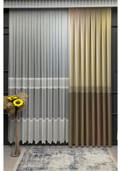 Pano Fon Perde Ekose Şeritli Krem Bej - Gold Sütlü Kahve 1 / 3 Sık Pileli (Tek Kanat) Fon, Perde,