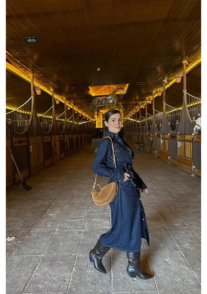 Beli Kuşaklı Düğme Detaylı Kot Elbise Rins Yıkama fiyatları