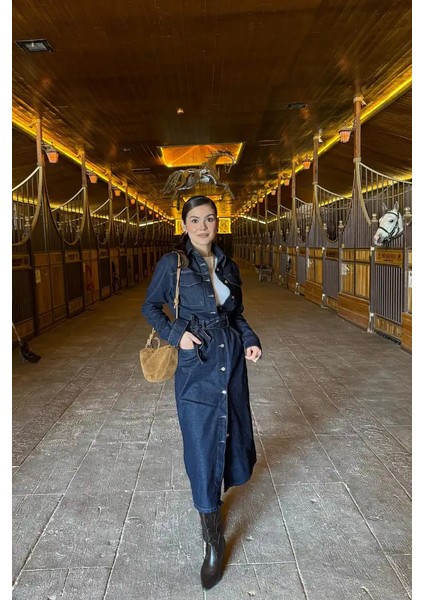 Beli Kuşaklı Düğme Detaylı Kot Elbise Rins Yıkama indirimleri