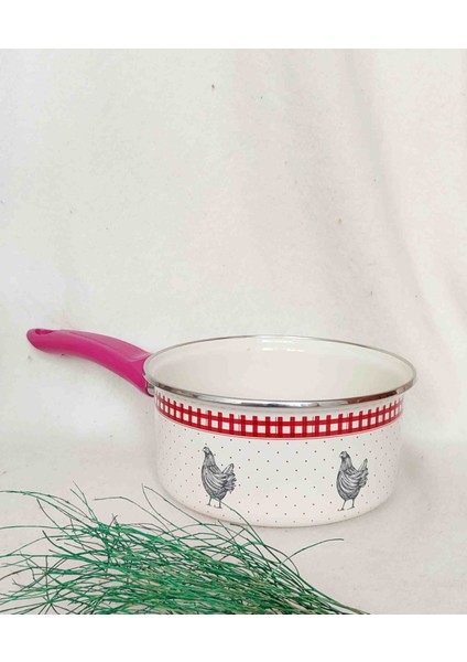 Kırmızı Tavuk Emaye Tava Sosluk 2 Litre 19 cm Çap Kaserol Pembe Kulp