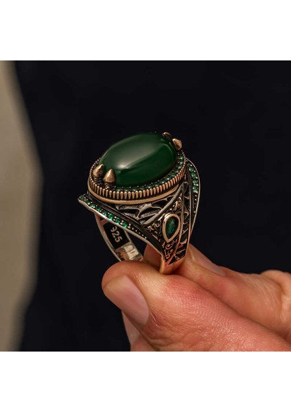 Gümüş Yeşil Akik Taşlı Erkek Yüzük