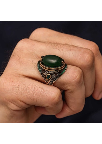 Gümüş Yeşil Akik Taşlı Erkek Yüzük fiyatları