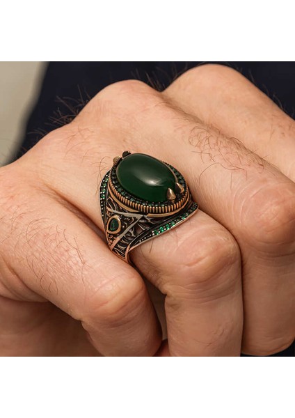 Gümüş Yeşil Akik Taşlı Erkek Yüzük modelleri