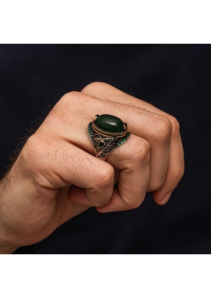 Gümüş Yeşil Akik Taşlı Erkek Yüzük fırsatları
