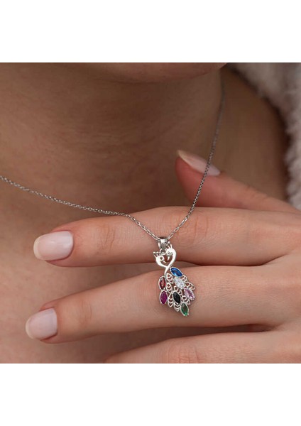 Gümüş Renkli Taşlı Tavus Kuşu Kadın Kolye fiyatları